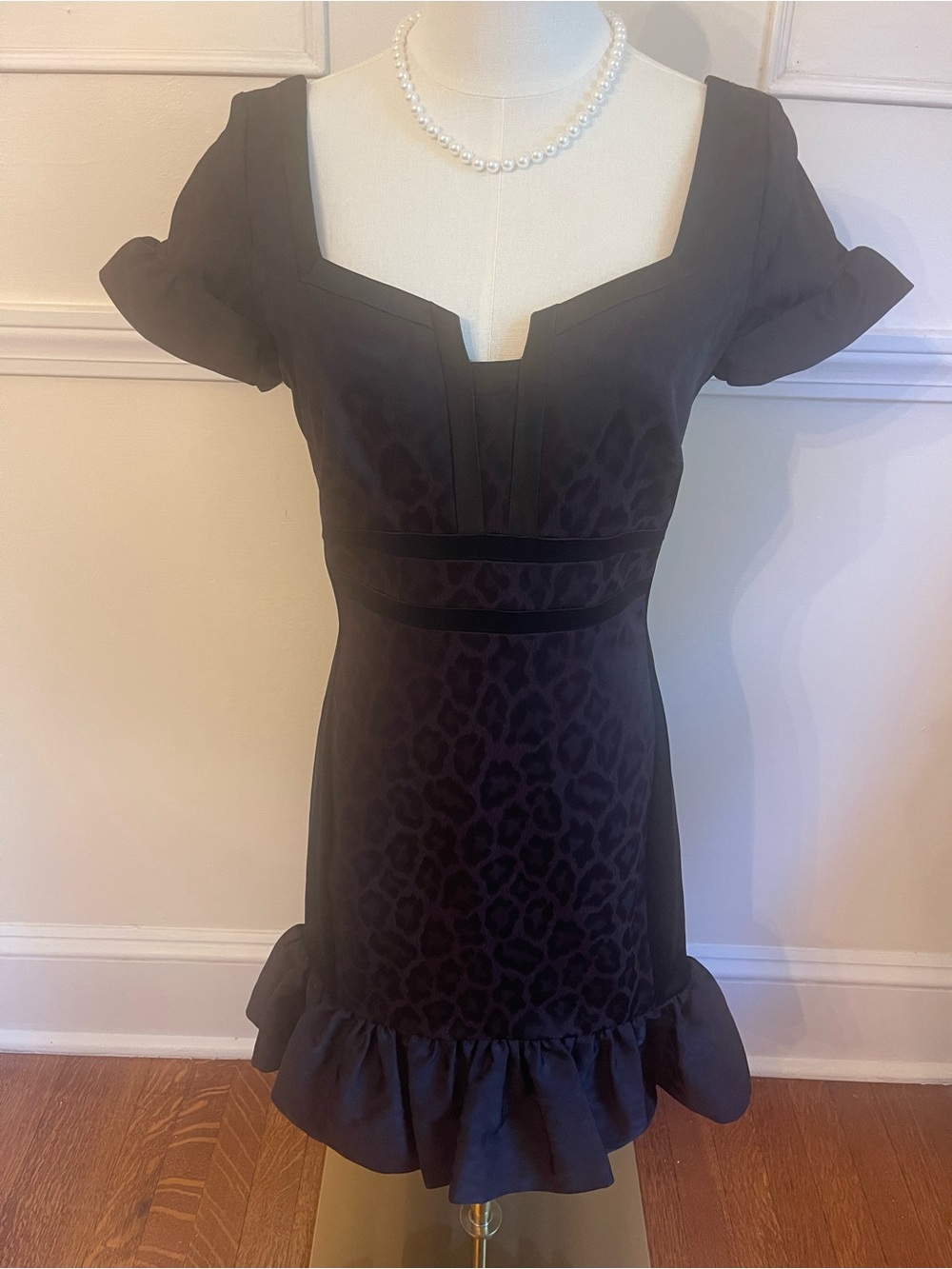 Karen Millen Black Jacquard Ruffle-Hem Mini Dress